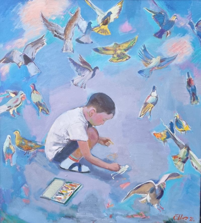 Boy with pigeons