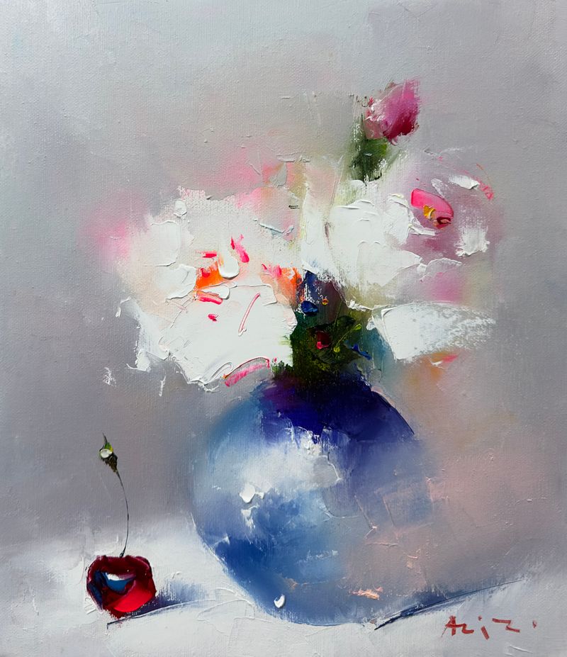 Still life with cherry and white roses 