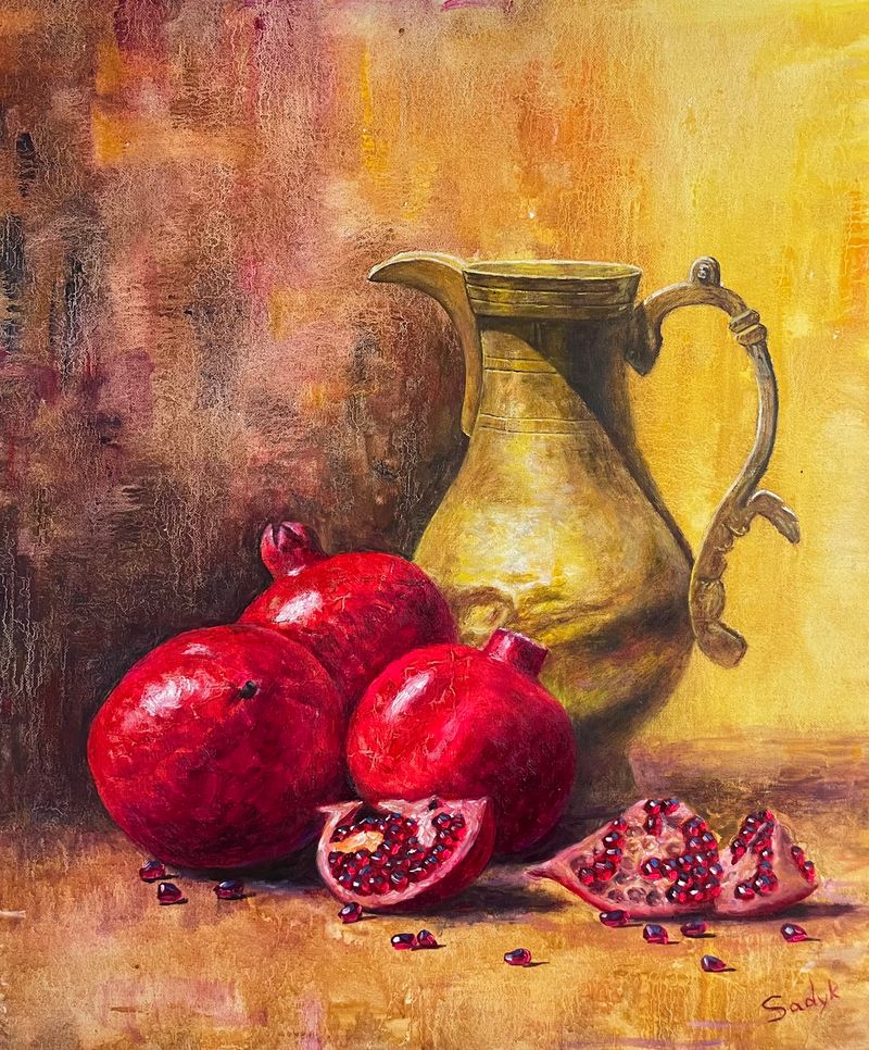 copper jug ​​and pomegranates